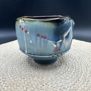 Studio Art Pottery Footed Bowl or Vase Green Arist Signed Raised Abstract Design